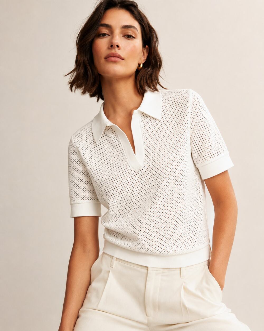 Tory Burch Perforated Eyelet Polo Top Off White Size Small